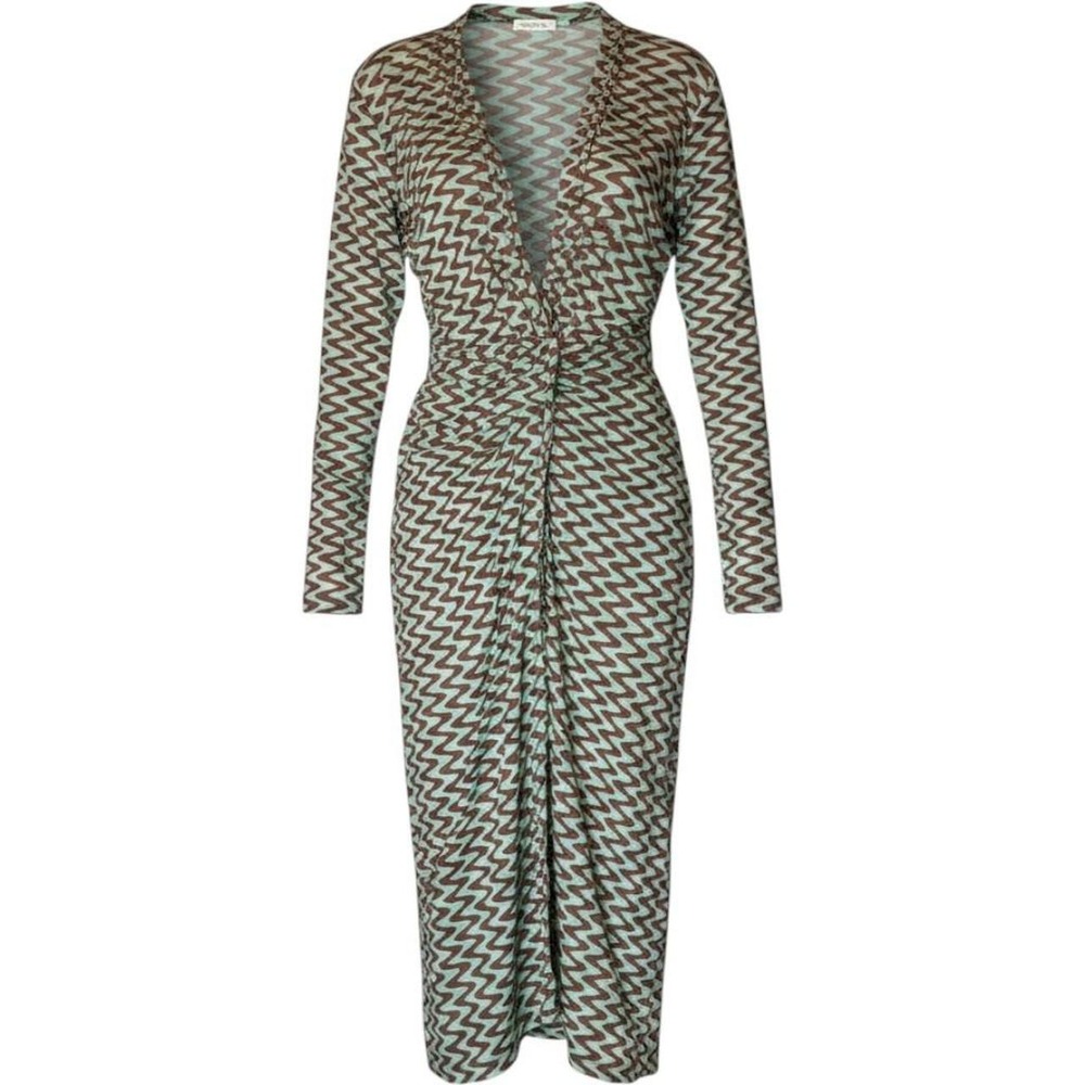 Zara Womens Brown Mint Green Wavy Chevron Geometric Knot Front Midi Dress M